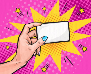 Female hand  holding a card in Pop art style.Pop art background. Party invitation. pop art, pop art design, pop art illustration, bubble, comic,message, business card, visiting card, calling card,info © lucky1984