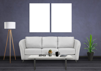 Wall art canvas. Two blank isolated on black wall. Sofa, lamp, plant, glasses, book, coffee on table in room interior. 