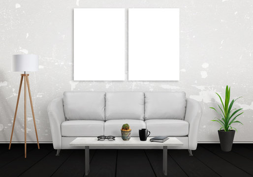Wall art canvas. Two blank isolated on black wall. Sofa, lamp, plant, glasses, book, coffee on table in room interior. 