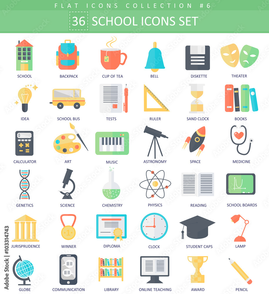 Poster vector school color flat icon set. elegant style design.