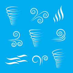 Wind icons nature, wave flowing, cool weather, climate and motion
