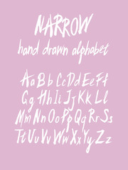 Narrow hand drawn brush painted vector alphabet set. Rough letters drawn with white ink. Modern handwritten font in upper and lower case versions. Elements isolated for easy editing