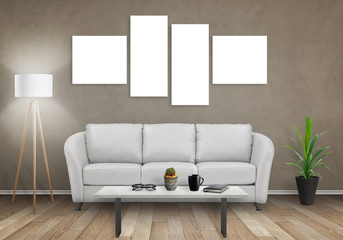 Four isolated wall art canvas mock up. Sofa, lamp, plant and table in room interior. 