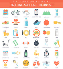 Vector fitness and health color flat icon set. Elegant style design.