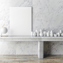 Mock up poster frame  on white marble wall, hipster interior background, 3D render