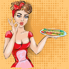 Pin-up waitress with tray in bistro cafe