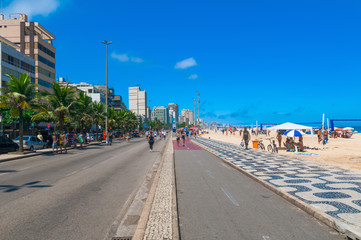 Ipanema beach with mosaic of sidewalk in Rio de Janeiro. Brazil