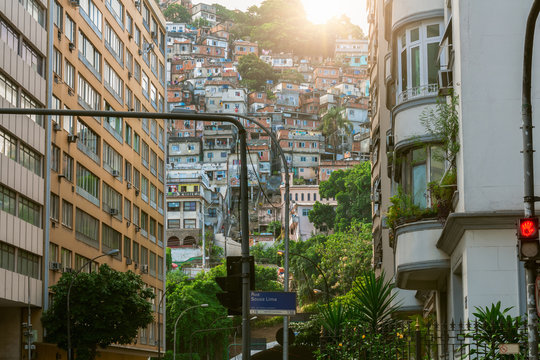 Street in Copacabana and favela Cantagalo in Rio de Janeiro. Brazil