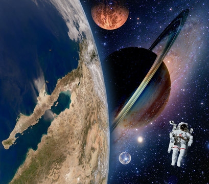 Astronaut spaceman mars saturn planet spacewalk earth outer space walk galaxy. Elements of this image furnished by NASA.
