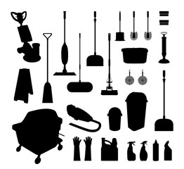 There are many silhouettes of housecleaning tools.