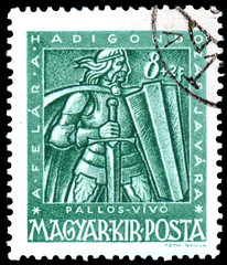 Stamp printed by Hungary, shows shows warrior with shield and sw
