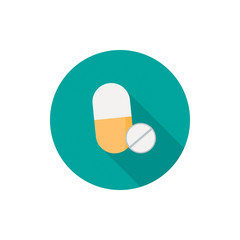 Pills icon in a flat design with long shadow illustration