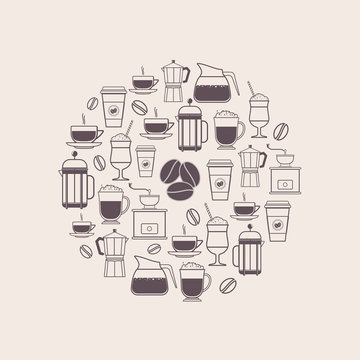 Coffee Types and Coffee Accessories Icons Set in Line Style
