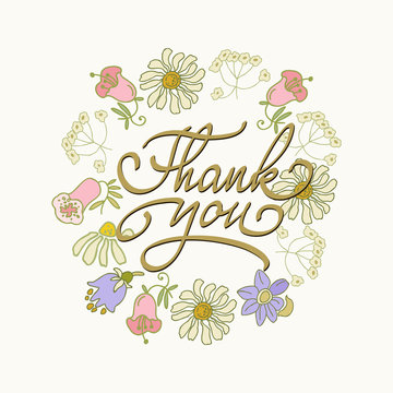 Card template with hand drawn flower border and hand written Thank You text. Vector illustration