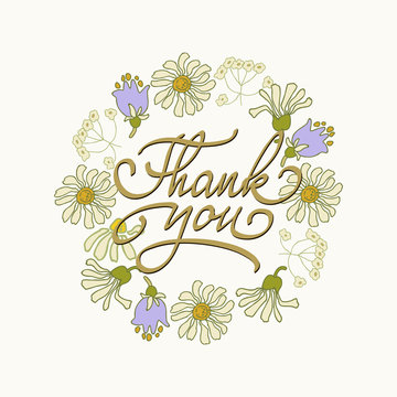 Card template with hand drawn flower border and hand written Thank You text. Vector illustration