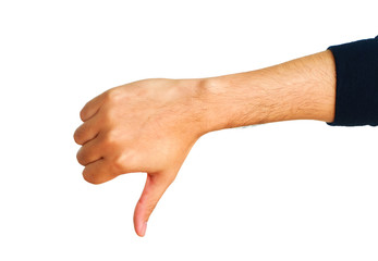 Male hand showing thumbs down sign.