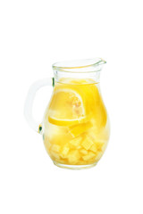 Ginger tea with lemon, ginger root and mint on white background
