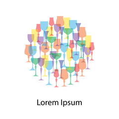 Colored transparent glassware vector illustration with empty space for text. Banner, card, menu, template