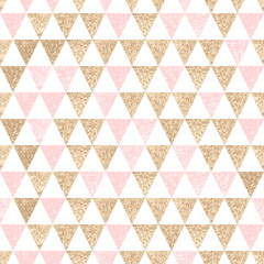 Seamless geometric abstract background. Gold and pink triangles.