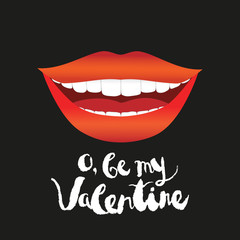Smiling woman mouth with red lips and white teeth. Valentine's day greeting card. 