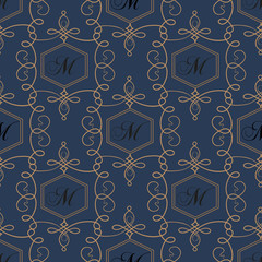 Flourish seamless pattern in dark colors. Modern retro monogram vector illustration. Suitable for package design, wrapping paper, textile.