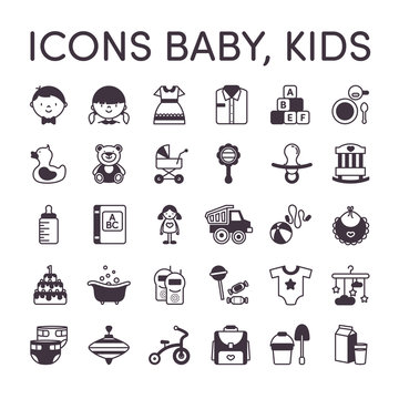 Kids baby icons black and white line
