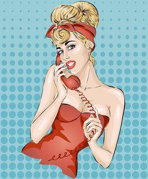 Sexy Pin-up woman with phone answer the call