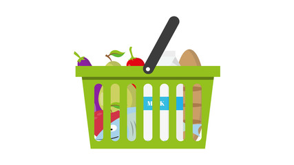 Shopping basket full of healthy organic fresh and natural food. Flat vector icon