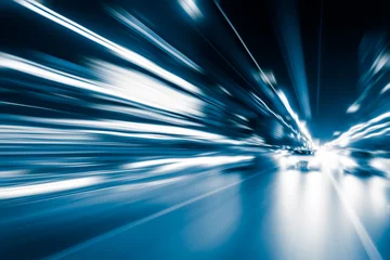Fotobehang Snelle auto Blue color tunnel car driving motion blur