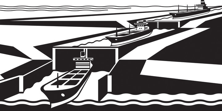 Cargo ships pass canal - vector illustration