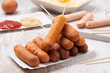 Corn dog. Sausage baked in corn dough.