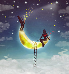 Silhouette illustration of a girl sitting on  moon and boy playing the saxophone