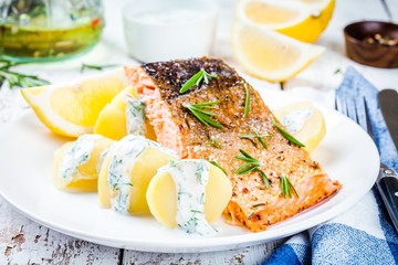 Baked salmon fillet and boiled potatoes