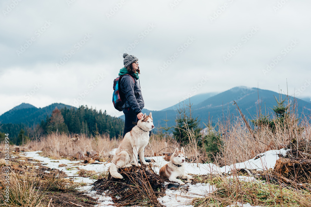 Wall mural female hiker with siberian husky dogs in mountains looking at beautiful view