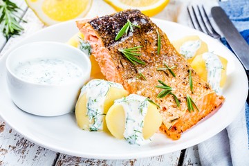 Baked salmon fillet and boiled potatoes