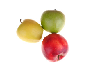 red, green and yellow apples on a white background