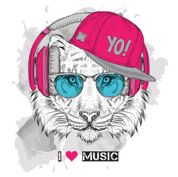 The image of the tiger in the glasses, headphones and in hip-hop hat. Vector illustration.