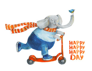 Elephant on scooter with bird. Happy day. Watercolor and gouache Illustration - 103331910