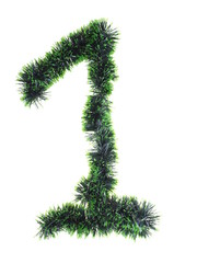 numeral from green Christmas tree decorations on a white background