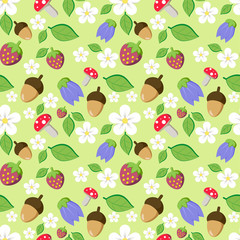 Forest seamless pattern for kids with flowers, mushrooms (amanita), leaves and acorns. Vector illustration