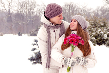 Romantic surprise. Men / boy gifts flower for women / girl in wi