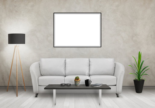 Isolated horizontal art frame on gray wall. Sofa, lamp, plant, glasses, book, coffee on table in room interior. 