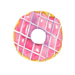 Pink iced donut on white background. Watercolor illustration
