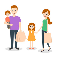 Vector illustration of family: mom, dad and son. Shopping bags. 