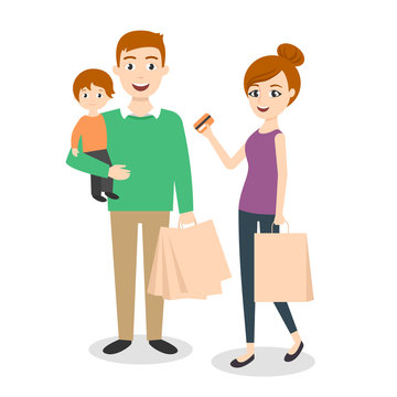 Vector illustration of family: mom, dad and son. Shopping bags. Family shopping with credit card. Credit card payment