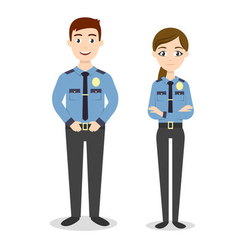 Vector Characters: Two Young Happy Police Officers, Man And Woman