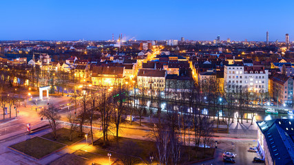 Fototapeta premium Aerial view of the Old town district. Klaipeda city in the evening time. Klaipeda, Lithuania.