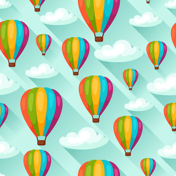 Seamless travel pattern with hot air balloons. Background made without clipping mask. Easy to use for backdrop, textile, wrapping paper