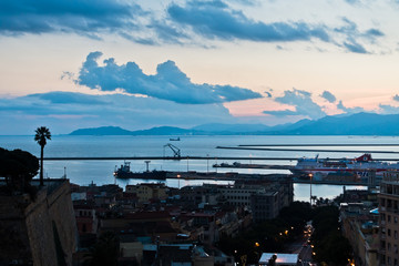 Panoramic view of Cagliari downtown at sunset in Sardinia, Italy