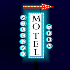 Retro banner with glowing lights motel and welcome.
